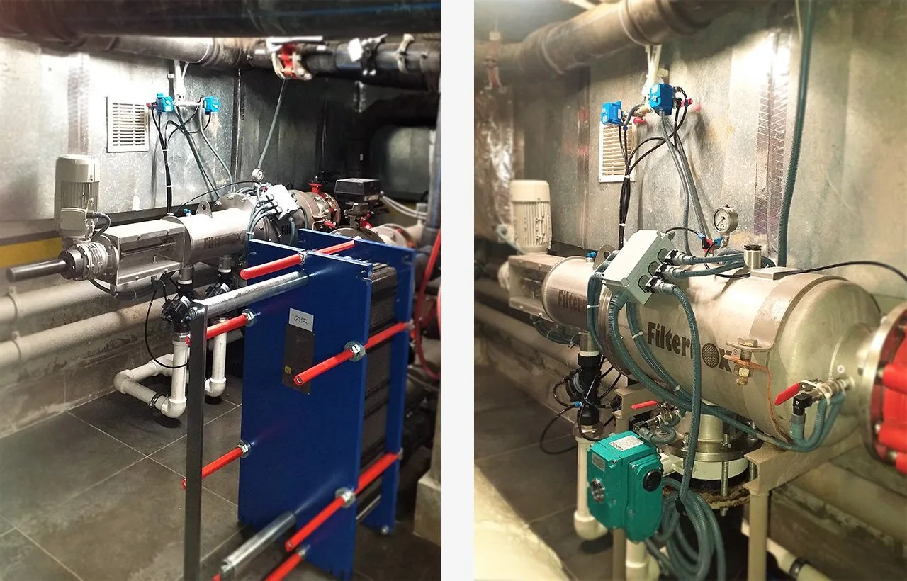 Sea water filtration before heat exchangers